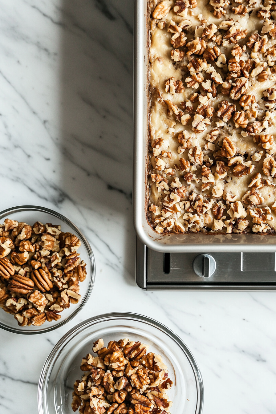 Chopped walnuts (or granola) being sprinkled over the top of the mixture, adding texture and a touch of crunch.