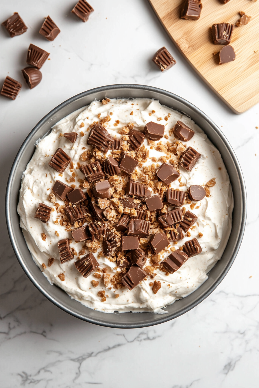 The completed dessert is covered and placed inside a refrigerator. In the foreground, the white marble cooktop holds a timer set to count down the chilling time for softening the cookies.