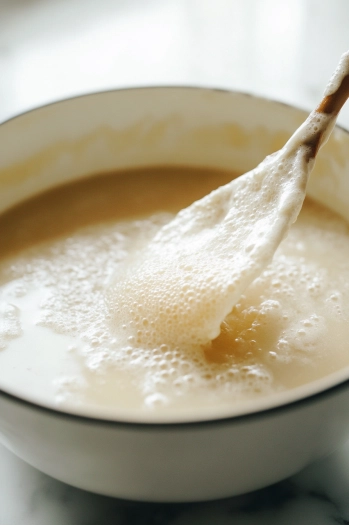 A large mixing bowl on the white marble cooktop with an egg, egg yolk, and a splash of vanilla extract being added to the browned butter and sugar mixture. The ingredients blend smoothly.