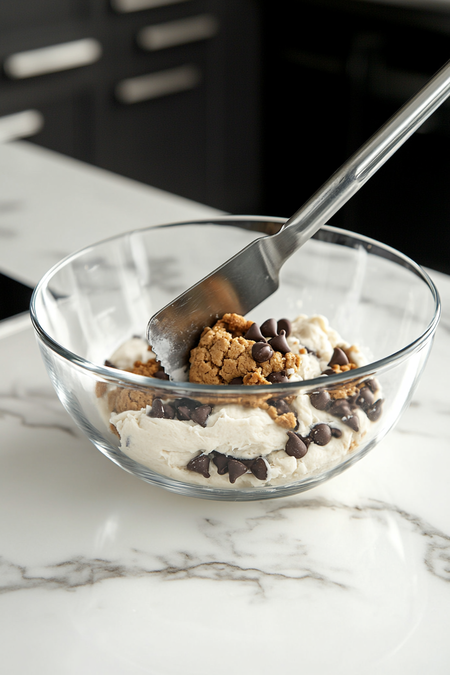 A glass bowl on the white marble cooktop with semisweet chocolate chips being stirred into the cookie dough using a spatula, ensuring even distribution