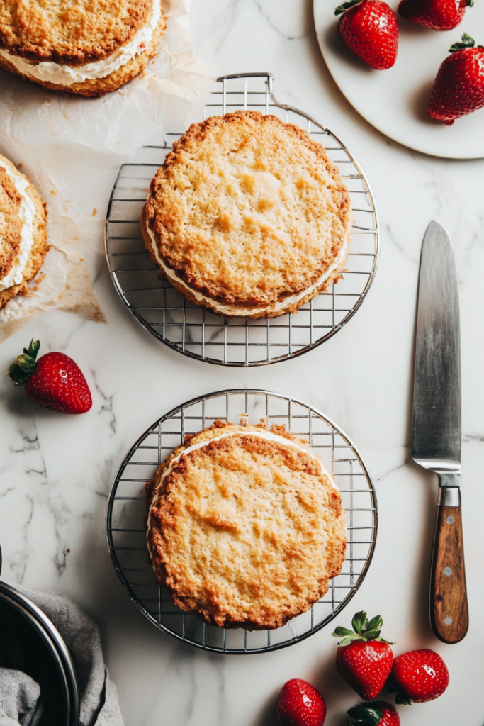 The baked cake layers cooling on wire racks placed on the white marble cooktop. A knife rests nearby, showing the edges gently loosened as the golden layers cool to perfection.