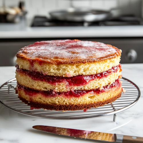 The baked cake layers cooling on wire racks placed on the white marble cooktop. A knife rests nearby, showing the edges gently loosened as the golden layers cool to perfection