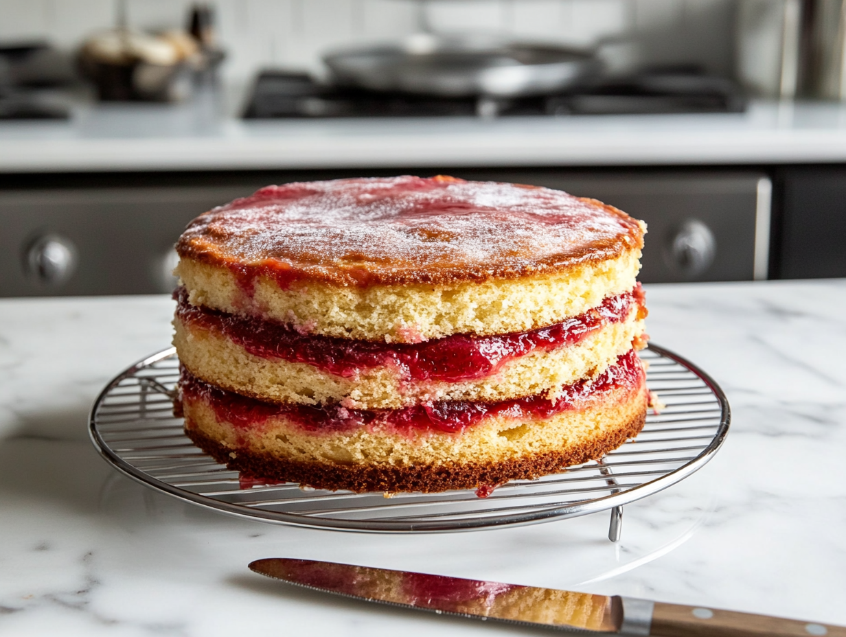 The baked cake layers cooling on wire racks placed on the white marble cooktop. A knife rests nearby, showing the edges gently loosened as the golden layers cool to perfection