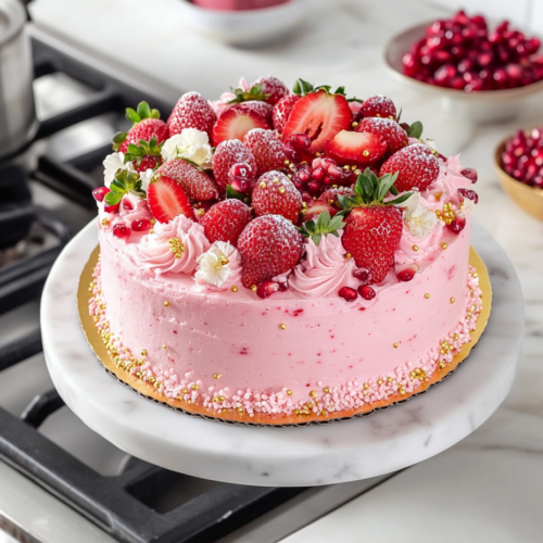 The finished cake on the white marble cooktop, decorated with white and gold sprinkles, fresh strawberries, pomegranate seeds, and edible flowers, adding a beautiful touch.