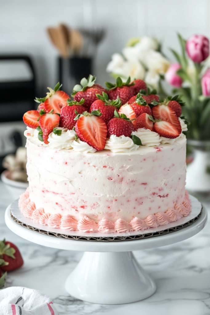 The finished cake on the white marble cooktop, decorated with white and gold sprinkles, fresh strawberries, pomegranate seeds, and edible flowers, adding a beautiful touch.