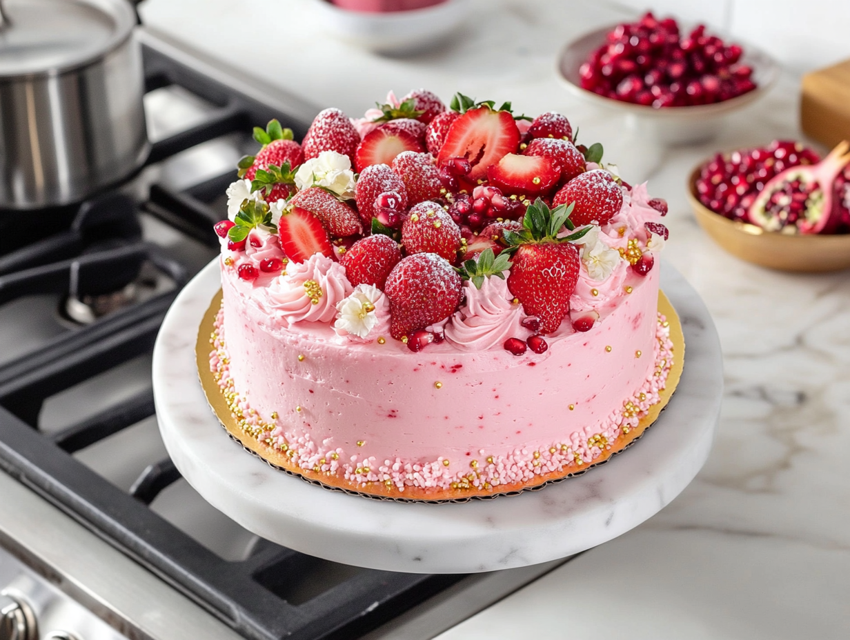 The finished cake on the white marble cooktop, decorated with white and gold sprinkles, fresh strawberries, pomegranate seeds, and edible flowers, adding a beautiful touch.