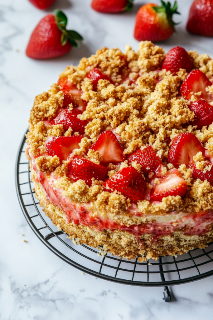 The completed Strawberry Crunch Cake rests in the refrigerator on a cooling rack. The cake is fully assembled with the crumble topping, ready to chill for an hour before serving.