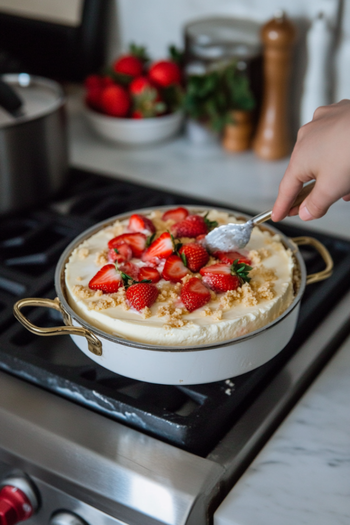 A slice of strawberry crunch cheesecake is served on a dessert plate resting on the white marble cooktop. The distinct layers of Oreo crust, strawberry filling, plain filling, and crumb topping are clearly visible, looking luscious and enticing.