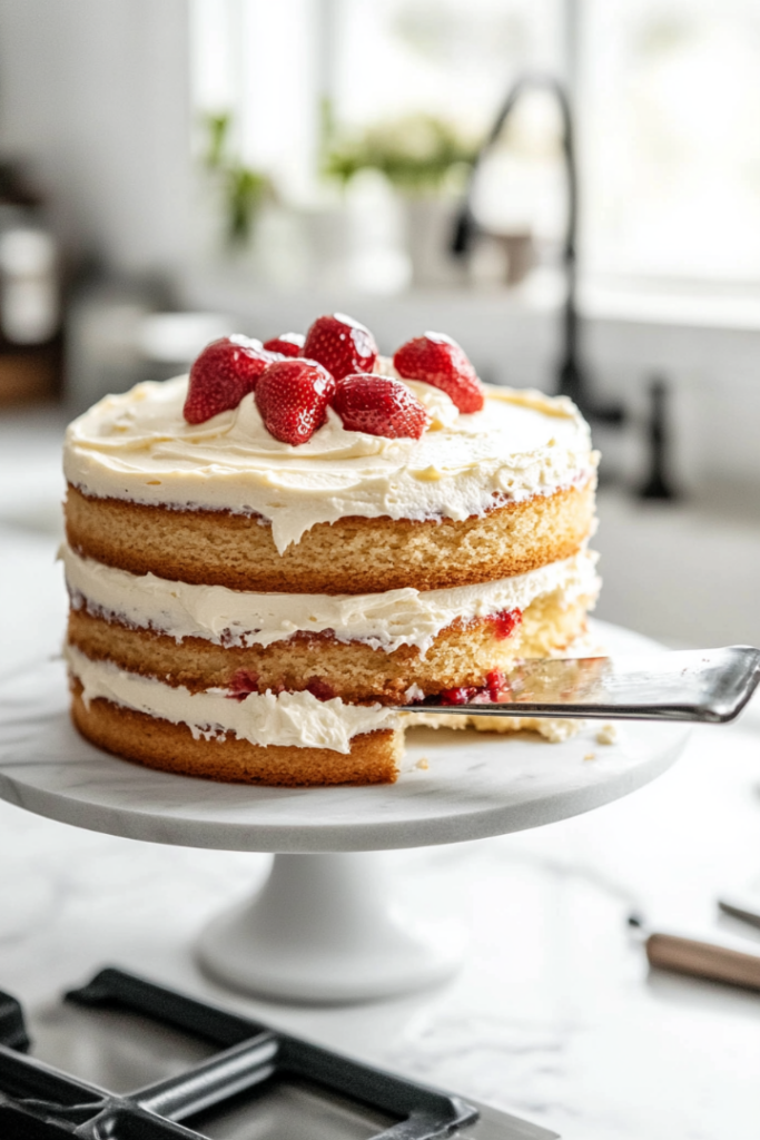 A cake stand on the white marble cooktop holds layers of golden cake being stacked. Each layer is topped with a smooth spread of buttercream frosting and a drizzle of strawberry reduction. An offset spatula smooths the sides of the cake for a perfect finish.