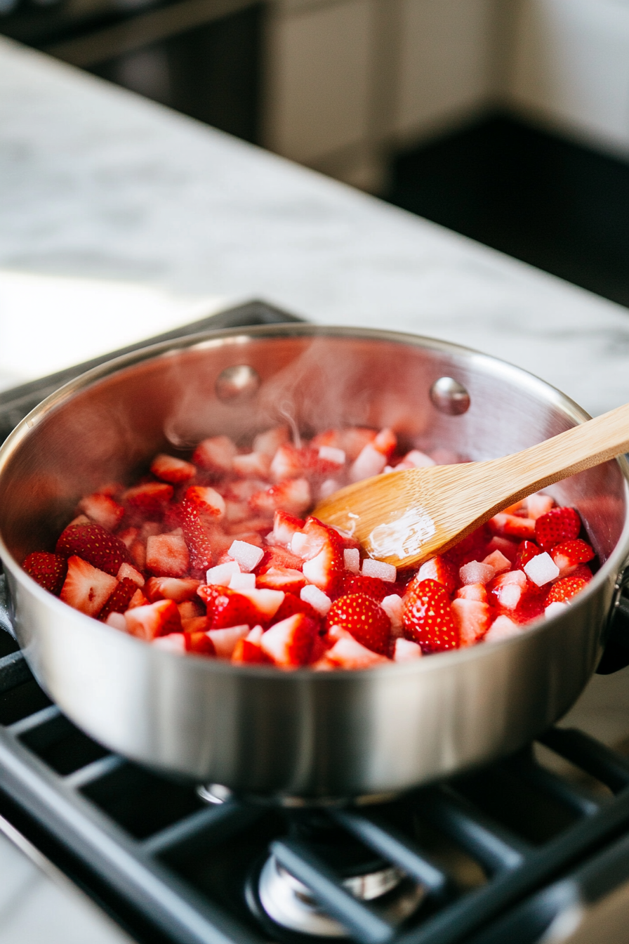 A shiny stainless steel saucepan sits on a white marble cooktop, simmering chopped fresh strawberries, granulated sugar, and lemon juice. The mixture bubbles and thickens, releasing vibrant steam, while a wooden spoon rests on the side, ready to stir.