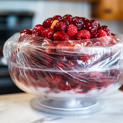 The completed dessert in the punch bowl on the white marble cooktop, covered with plastic wrap and ready to be refrigerated. The dessert is chilling in preparation for serving.