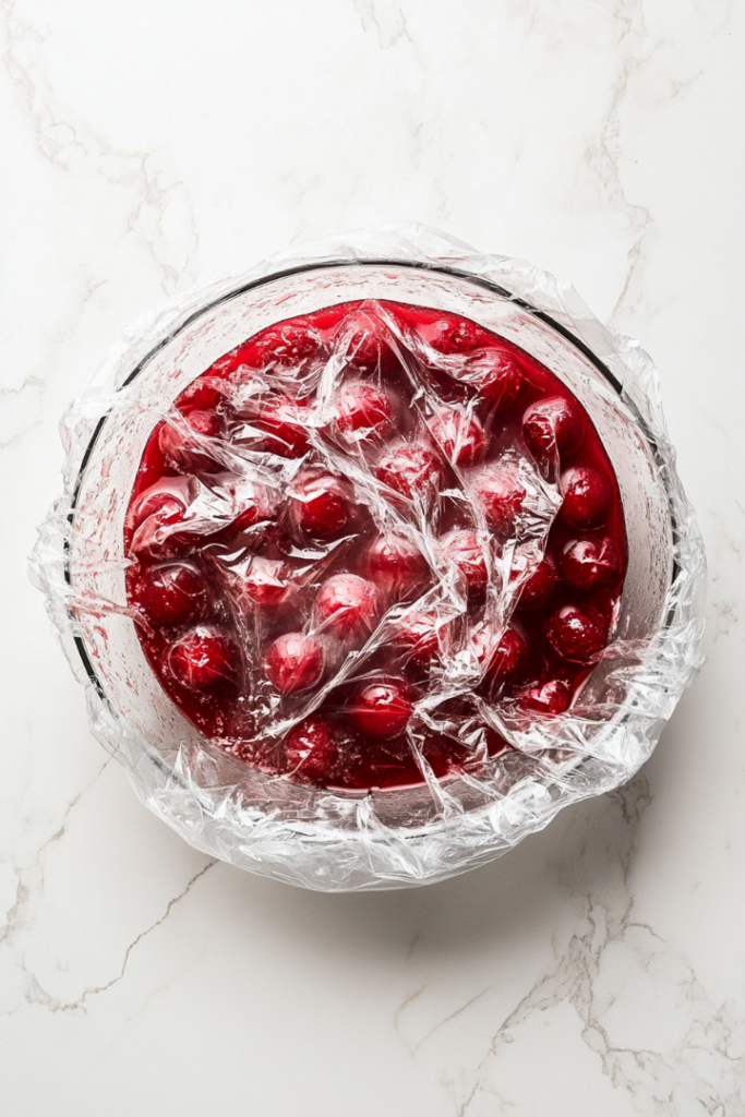 The completed dessert in the punch bowl on the white marble cooktop, covered with plastic wrap and ready to be refrigerated. The dessert is chilling in preparation for serving.