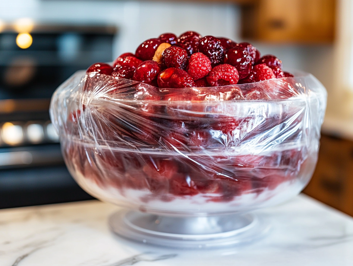 The completed dessert in the punch bowl on the white marble cooktop, covered with plastic wrap and ready to be refrigerated. The dessert is chilling in preparation for serving.