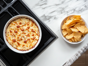 Freshly baked Texas Trash Dip on a white marble cooktop, with melted and bubbly cheese on top. Tortilla chips are arranged on the side for dipping, with a small bowl of extra chips nearby for sharing