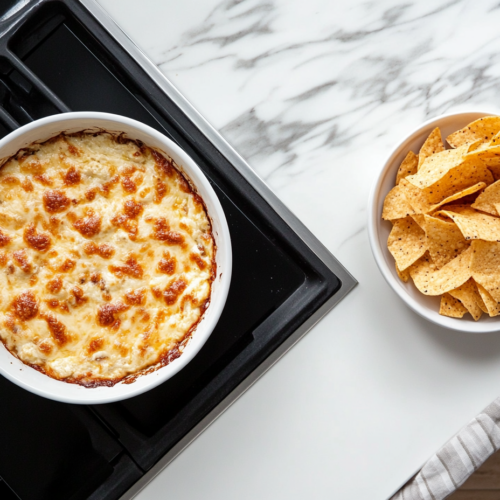 Freshly baked Texas Trash Dip on a white marble cooktop, with melted and bubbly cheese on top. Tortilla chips are arranged on the side for dipping, with a small bowl of extra chips nearby for sharing