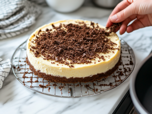 The fully cooled cheesecake rests on a wire rack on the white marble cooktop. A hand grates semisweet chocolate over the top, creating a delicate dusting of garnish before serving.