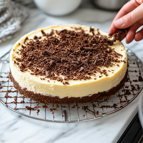 The fully cooled cheesecake rests on a wire rack on the white marble cooktop. A hand grates semisweet chocolate over the top, creating a delicate dusting of garnish before serving.