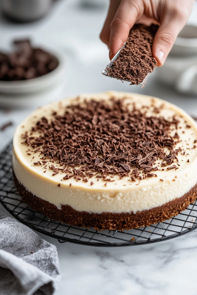 The fully cooled cheesecake rests on a wire rack on the white marble cooktop. A hand grates semisweet chocolate over the top, creating a delicate dusting of garnish before serving.