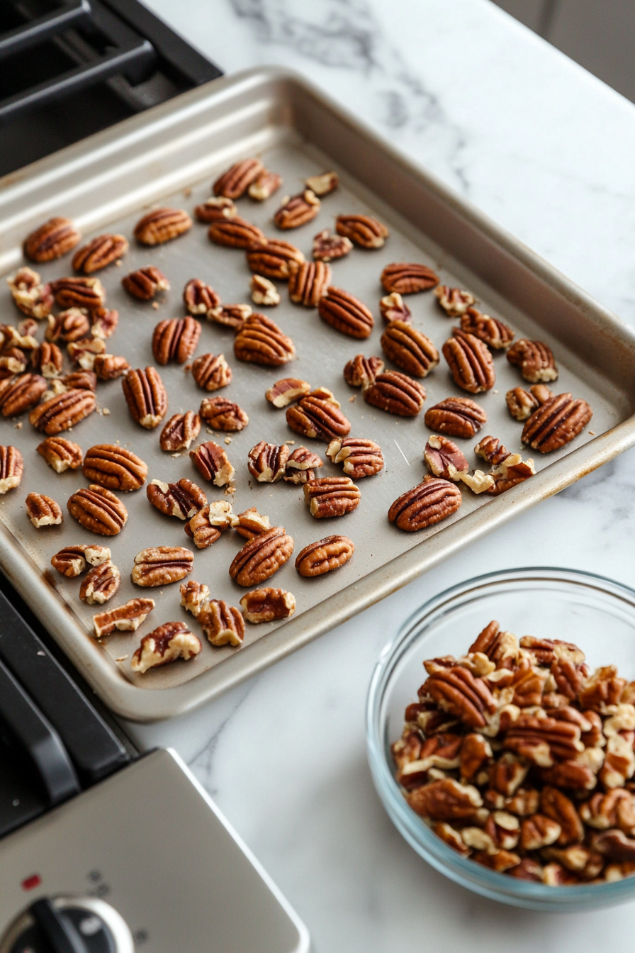 A baking sheet on the white marble cooktop holds 1/2 cup of pecan halves evenly spread out, being toasted in the oven. Nearby, a small bowl contains finely chopped pecans, ready for mixing.