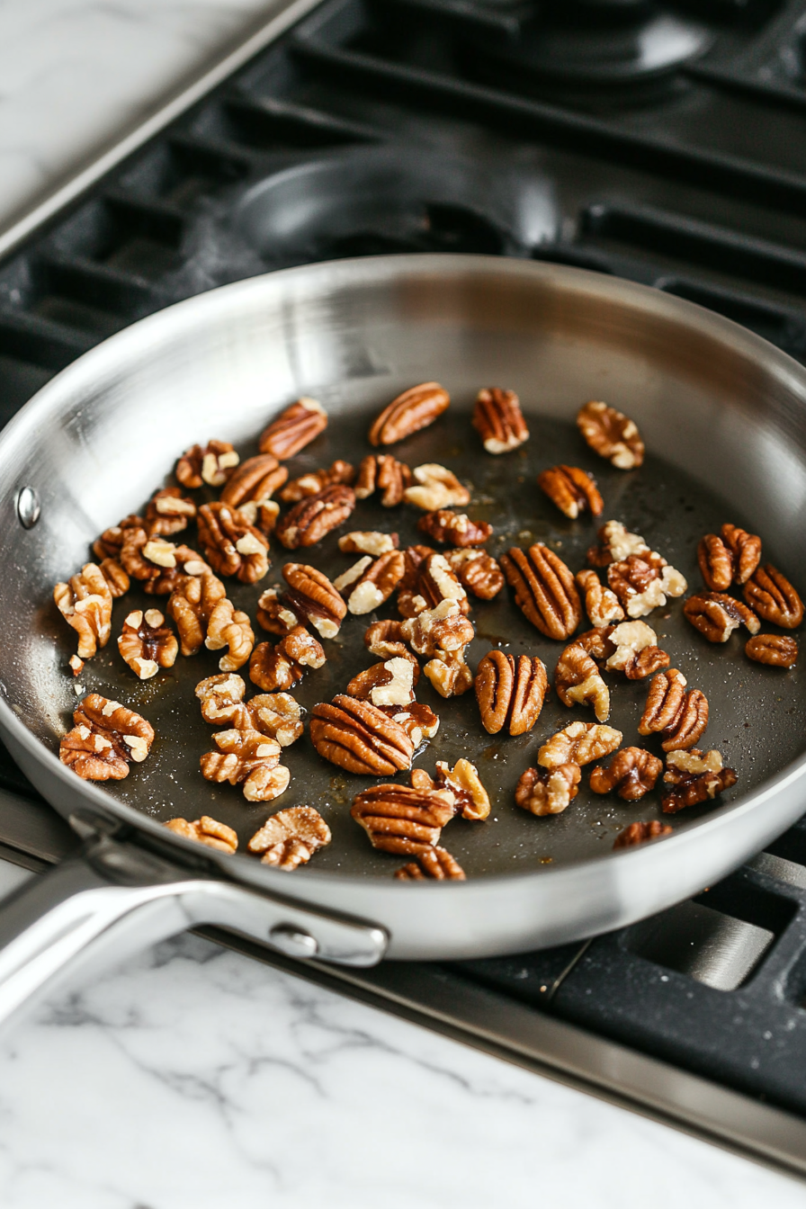 A medium pan on the white marble cooktop with chopped walnuts and pecans being toasted over medium heat. The nuts are lightly browning and emitting a fragrant aroma