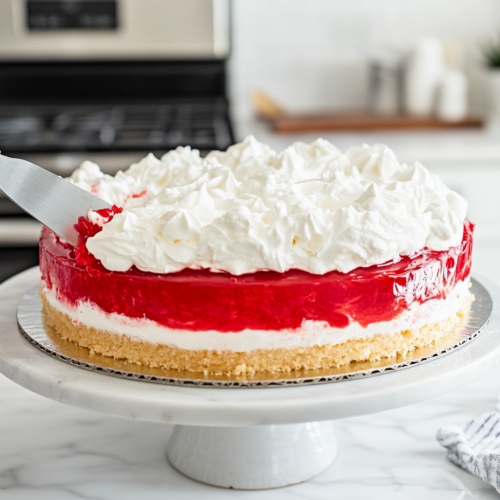 A chilled Jello poke cake on the white marble cooktop, being spread with a thick, fluffy layer of whipped topping using a spatula.