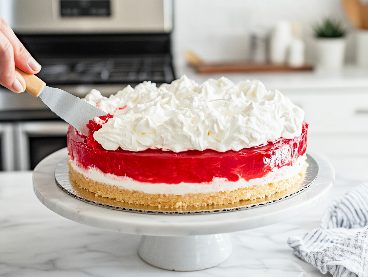 A chilled Jello poke cake on the white marble cooktop, being spread with a thick, fluffy layer of whipped topping using a spatula.