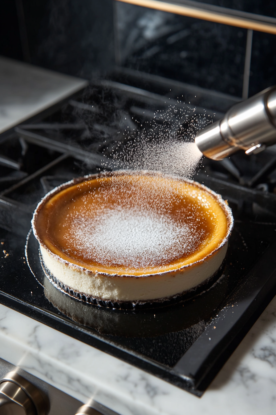 Chilled cheesecake on a springform pan with granulated sugar evenly sprinkled over the top. A kitchen blowtorch is used to caramelize the sugar, creating a golden brûlée crust."