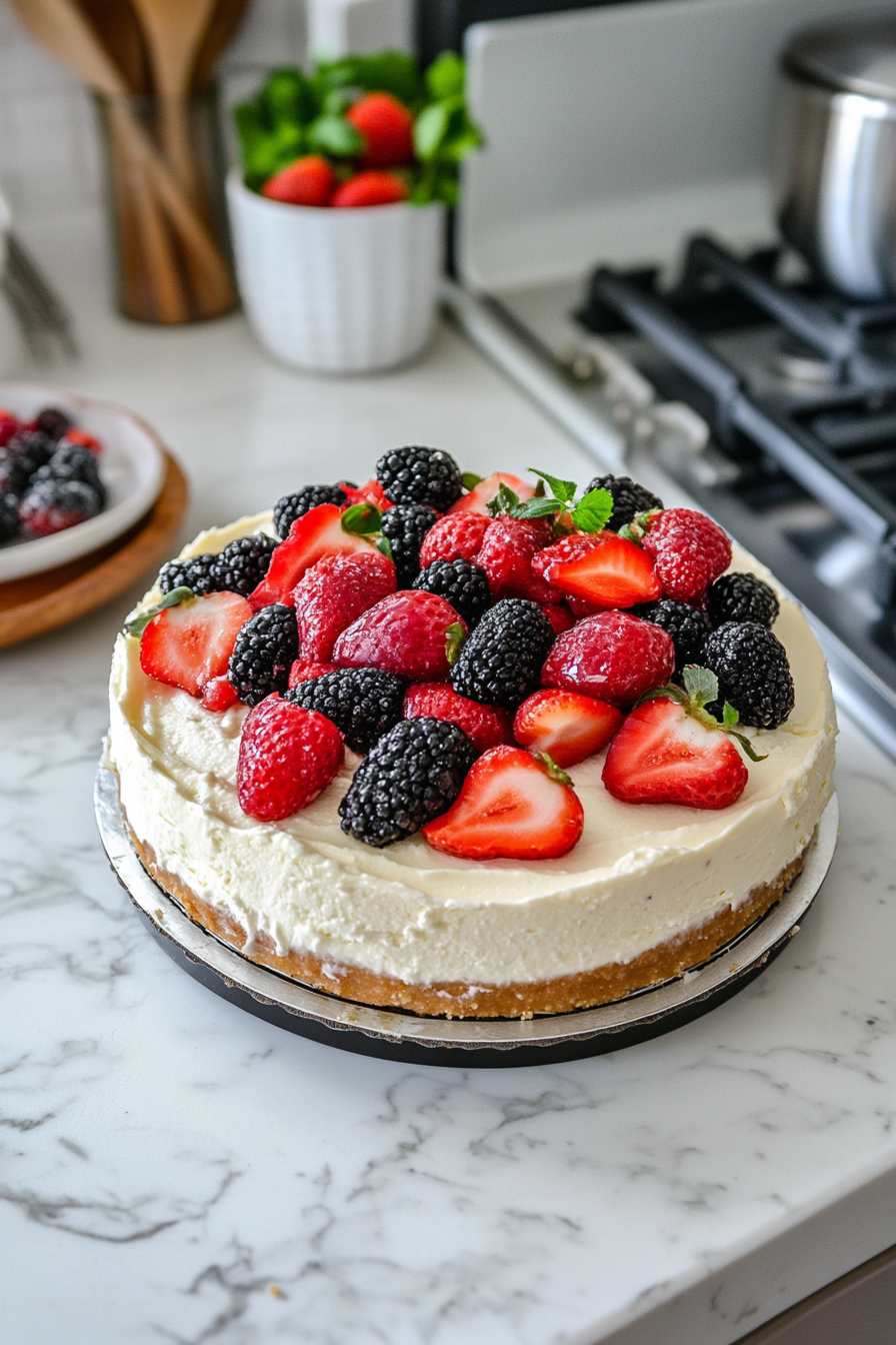 Chilled cheesecake topped with a colorful assortment of fresh mixed berries (blueberries, blackberries, raspberries, and strawberries) on a white marble cooktop, ready to be served.