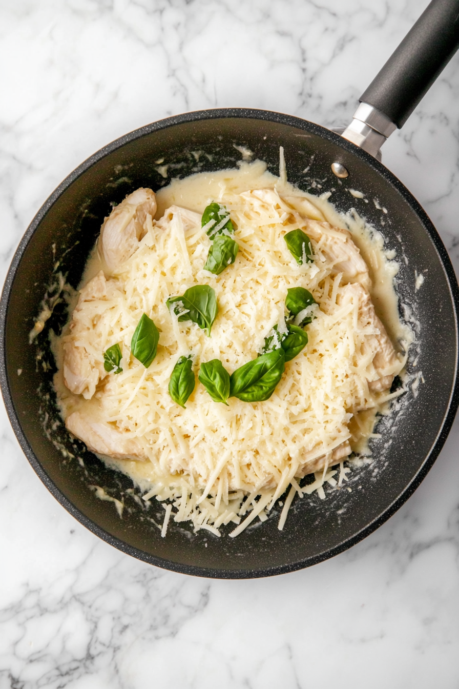 Grated parmesan and pepper jack cheeses are whisked into the sauce, creating a rich, creamy mixture. The golden hints of melted cheese glisten in the skillet, which is placed on the white marble cooktop with a clean, uncluttered background.