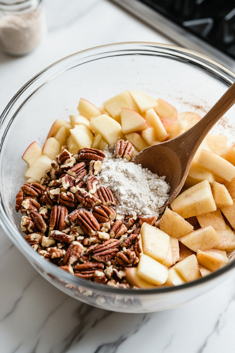 A large glass bowl on the white marble cooktop is filled with freshly peeled and sliced Granny Smith apples, chopped pecans, flour, granulated sugar, cinnamon, and kosher salt. A wooden spoon is tossing the ingredients together, evenly coating the apples.