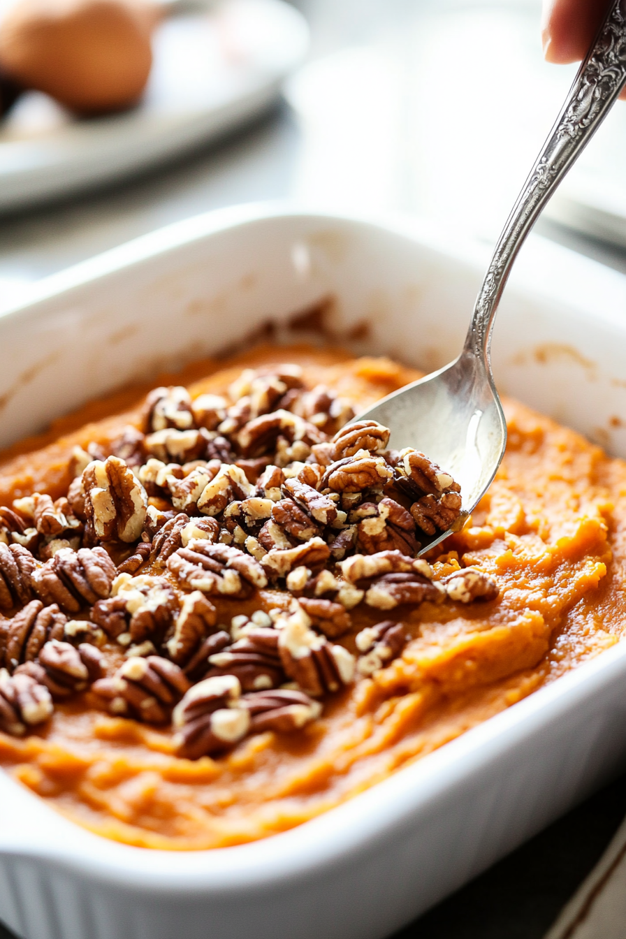 The creamy sweet potato mixture is being poured into a greased 9x13-inch baking dish. A spoon gently smooths the top, and the dish sits on a countertop, ready for the pecan topping.