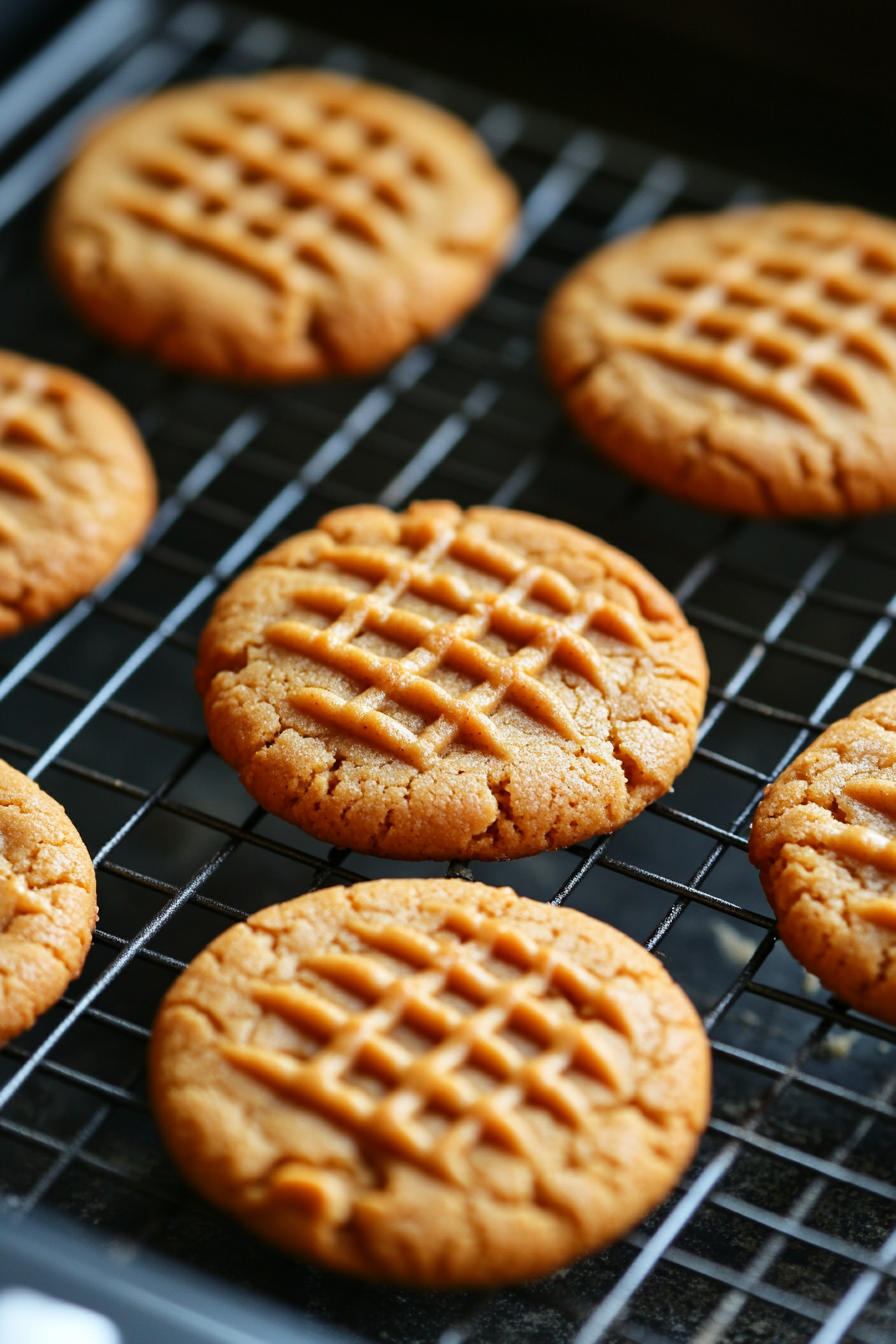 Freshly baked peanut butter cookies with golden edges and soft centers are cooling on a baking sheet. A cooling rack is nearby, ready to transfer the cookies once they firm up.