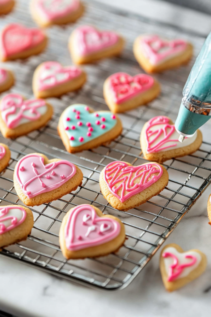 Freshly baked cookies on a cooling rack set on the white marble cooktop. Vibrantly colored royal icing is being piped onto the cookies using a piping bag, creating intricate and festive designs