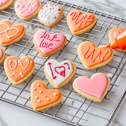 Freshly baked cookies on a cooling rack set on the white marble cooktop. Vibrantly colored royal icing is being piped onto the cookies using a piping bag, creating intricate and festive designs