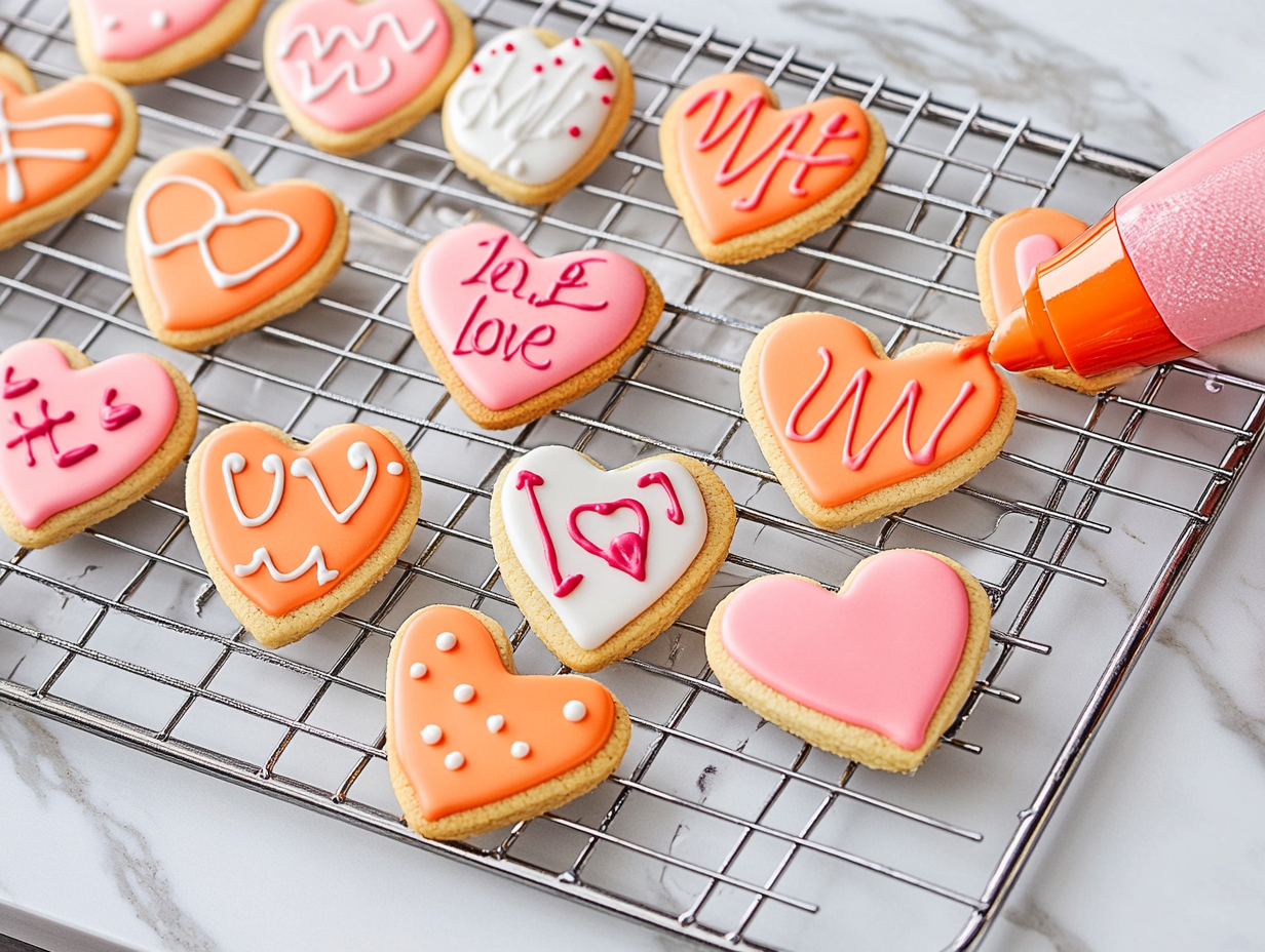 Freshly baked cookies on a cooling rack set on the white marble cooktop. Vibrantly colored royal icing is being piped onto the cookies using a piping bag, creating intricate and festive designs