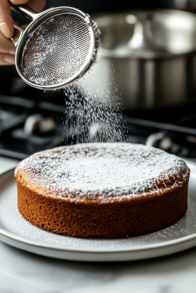 "The cooled cake, removed from the pan, is placed on a serving plate over the white marble cooktop. A fine dusting of powdered sugar is being added using a small sieve."