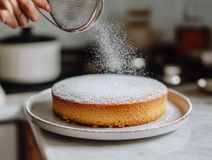 "The cooled cake, removed from the pan, is placed on a serving plate over the white marble cooktop. A fine dusting of powdered sugar is being added using a small sieve."