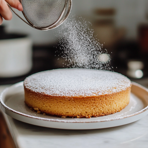 "The cooled cake, removed from the pan, is placed on a serving plate over the white marble cooktop. A fine dusting of powdered sugar is being added using a small sieve."