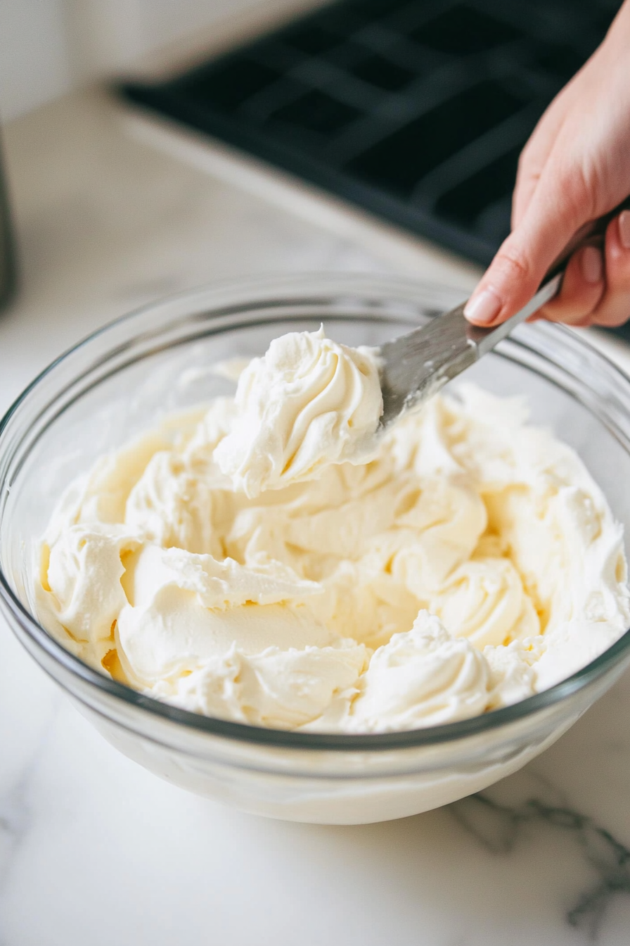 A large bowl with Cool Whip whipped topping is being gently folded into the smooth cream cheese mixture on a white marble cooktop. The Cool Whip is thick and creamy, blending perfectly with the mixture.