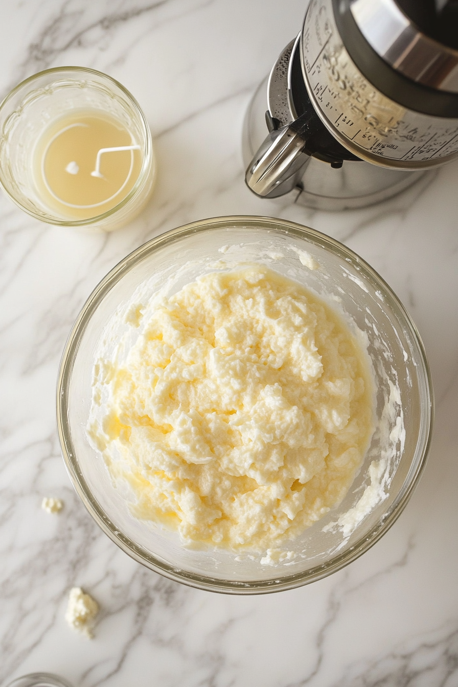 A separate bowl on the white marble cooktop holds evaporated milk being whipped with a hand mixer. The milk is fluffy and thick, forming stiff peaks, while the mixer continues to spin. A glass measuring cup of evaporated milk is visible nearby, ready for use.