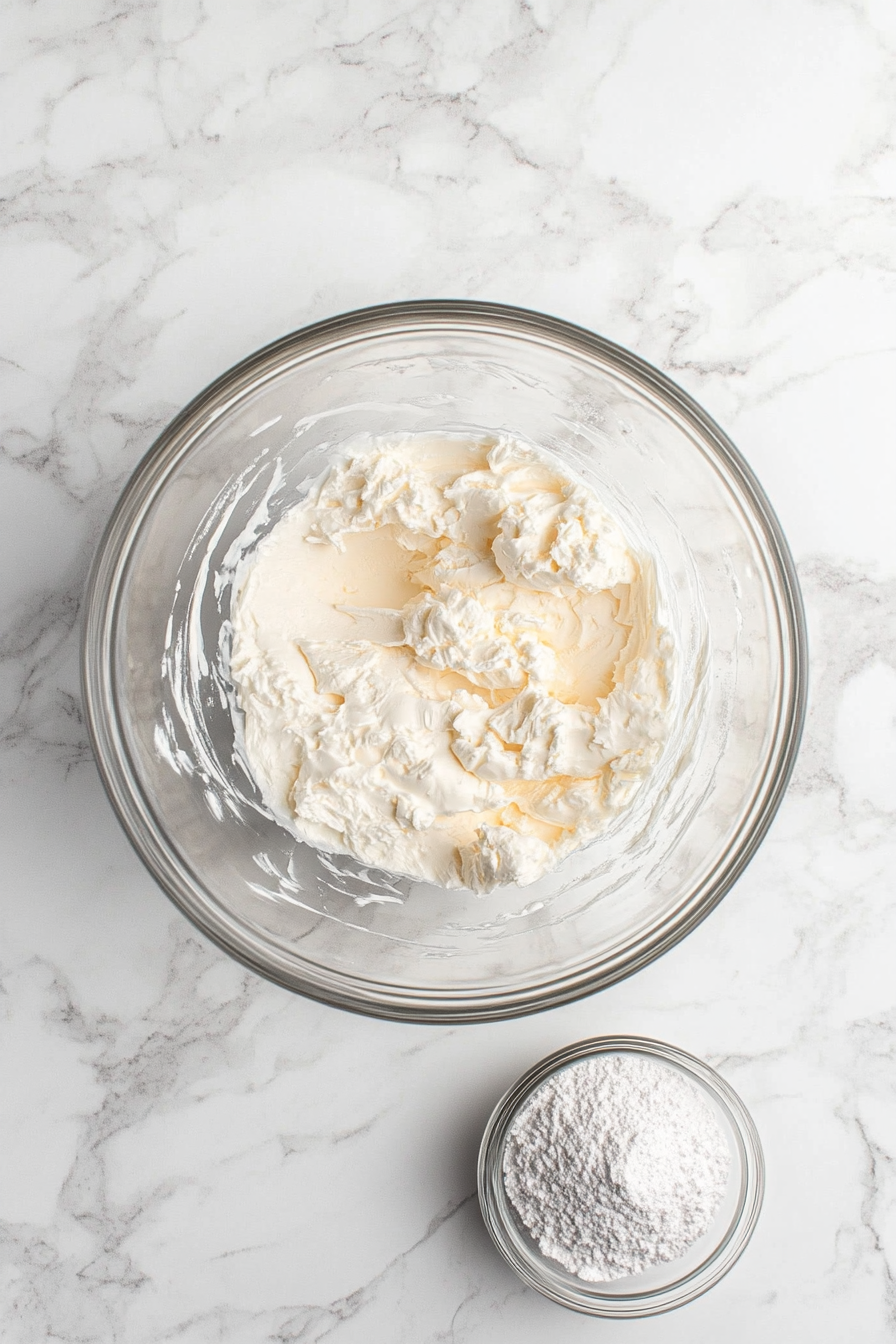 A large glass mixing bowl on the white marble cooktop holds heavy whipping cream, being whipped with an electric mixer. The cream is beginning to form stiff peaks, with a small bowl of powdered sugar resting beside it. The scene is filled with the soft, fluffy texture of the whipped cream forming in the bowl.