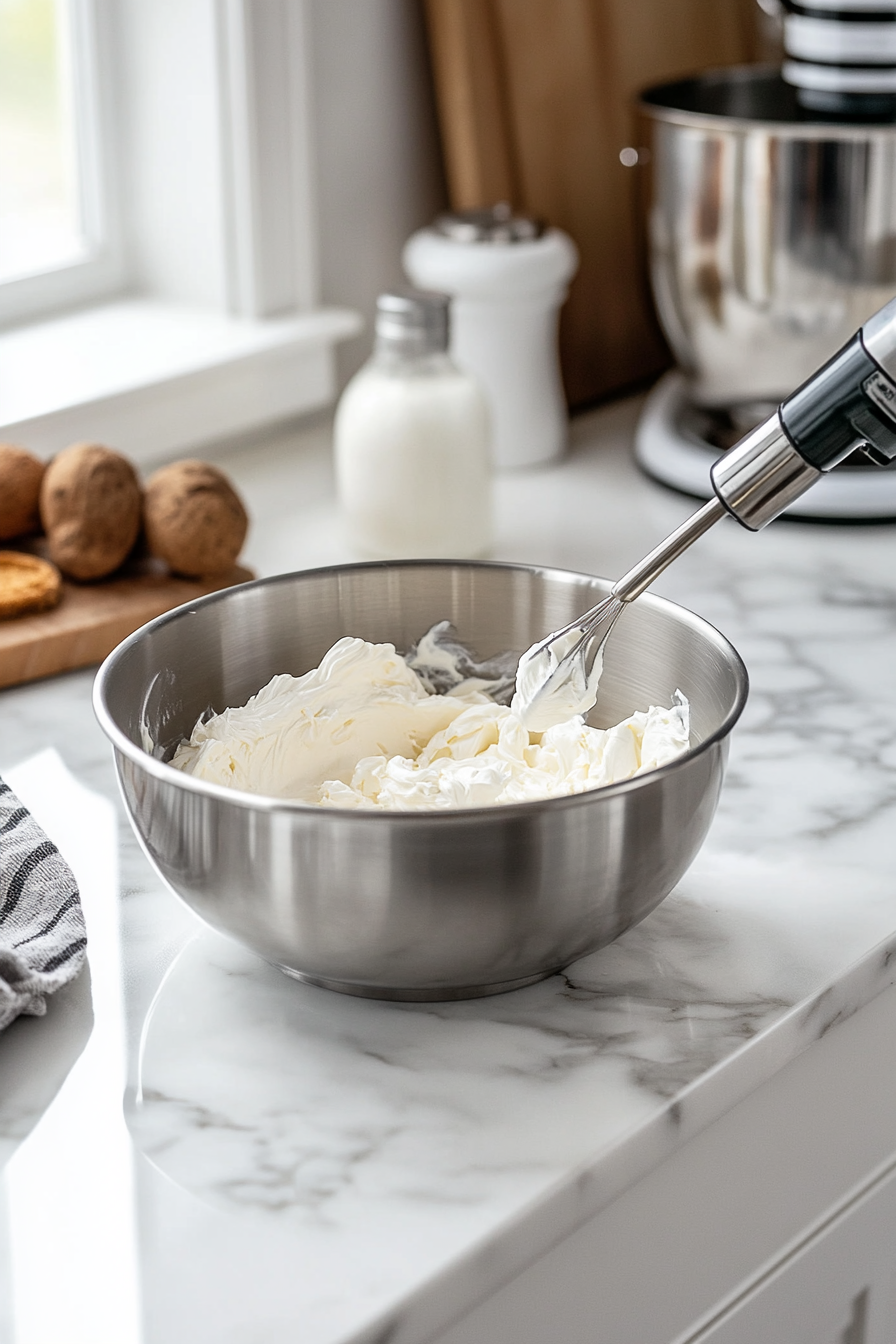 Cream cheese, white sugar, and vanilla extract are being blended in a large glass bowl on the white marble cooktop using an electric mixer. The mixture appears silky and creamy, with a uniform texture.