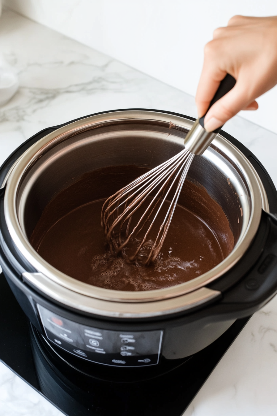 "A hand vigorously whisks the mixture in the slow cooker, blending the ingredients into a creamy, uniform liquid. The slow cooker is on a white marble cooktop, highlighting the smooth progress of the preparation."