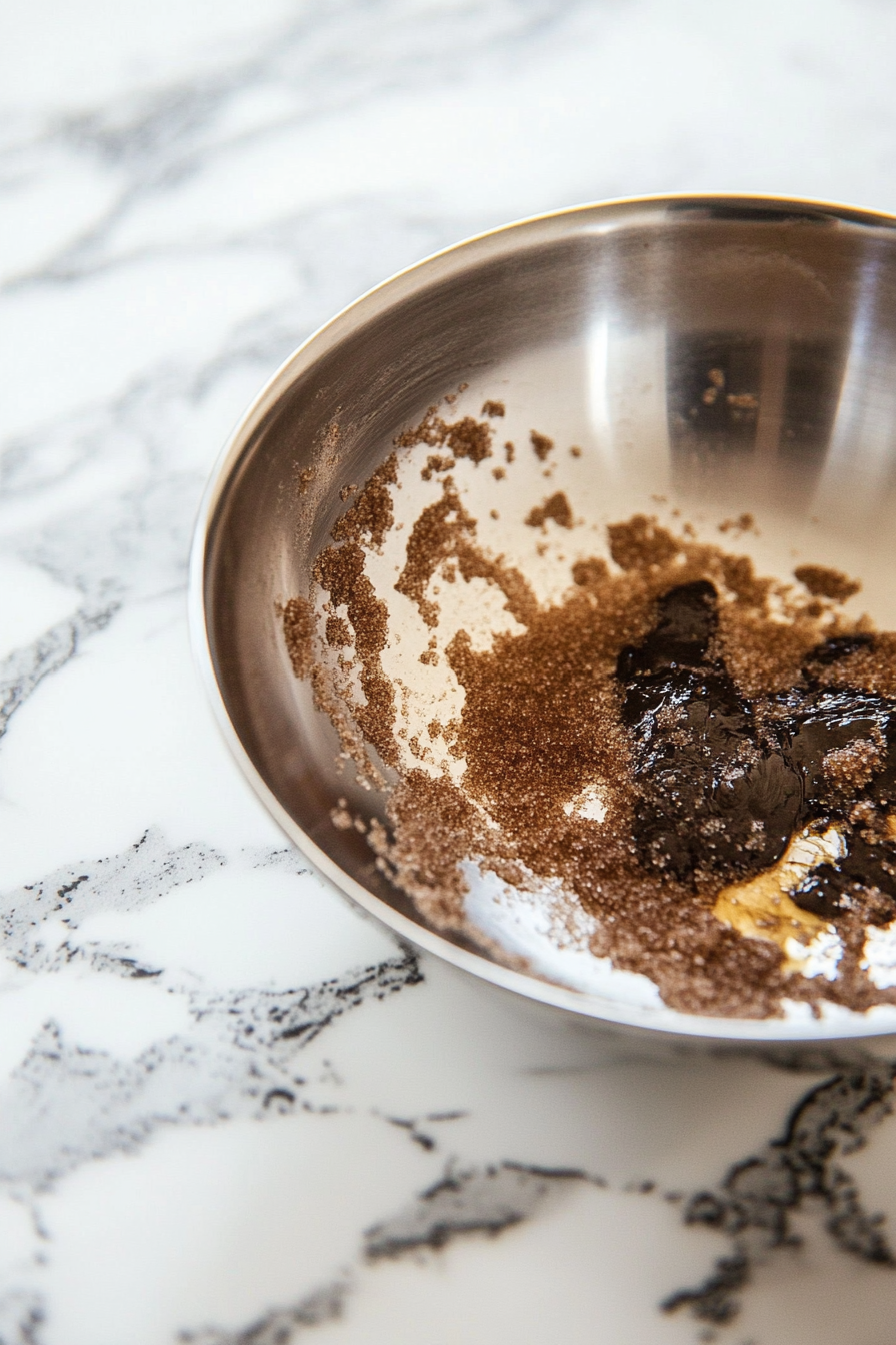 A bowl on the white marble cooktop with browned butter being whisked with brown sugar. The mixture appears smooth and glossy, signaling it's ready for the next ingredients.