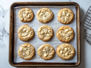 Freshly baked cookies cooling on a parchment-lined baking sheet over the white marble cooktop. The golden edges and gooey white chocolate chips look irresistible. A wire rack sits nearby for transferring the cookies.