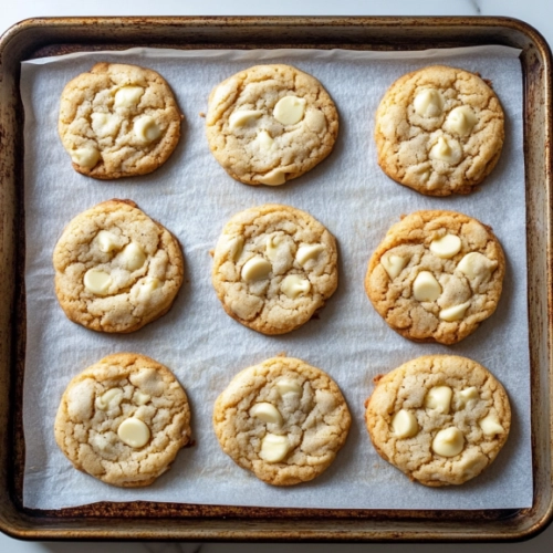 Freshly baked cookies cooling on a parchment-lined baking sheet over the white marble cooktop. The golden edges and gooey white chocolate chips look irresistible. A wire rack sits nearby for transferring the cookies.