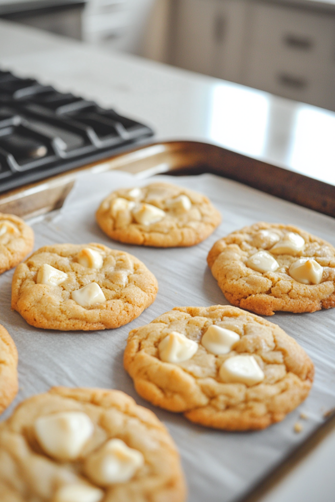 Freshly baked cookies cooling on a parchment-lined baking sheet over the white marble cooktop. The golden edges and gooey white chocolate chips look irresistible. A wire rack sits nearby for transferring the cookies.