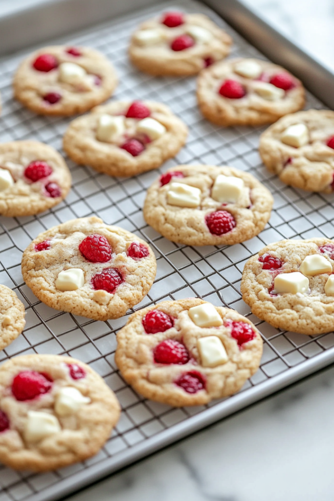 Freshly baked cookies cooling on the baking sheet for 10 minutes before being transferred to a wire rack.