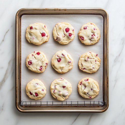 Freshly baked cookies cooling on the baking sheet for 10 minutes before being transferred to a wire rack.