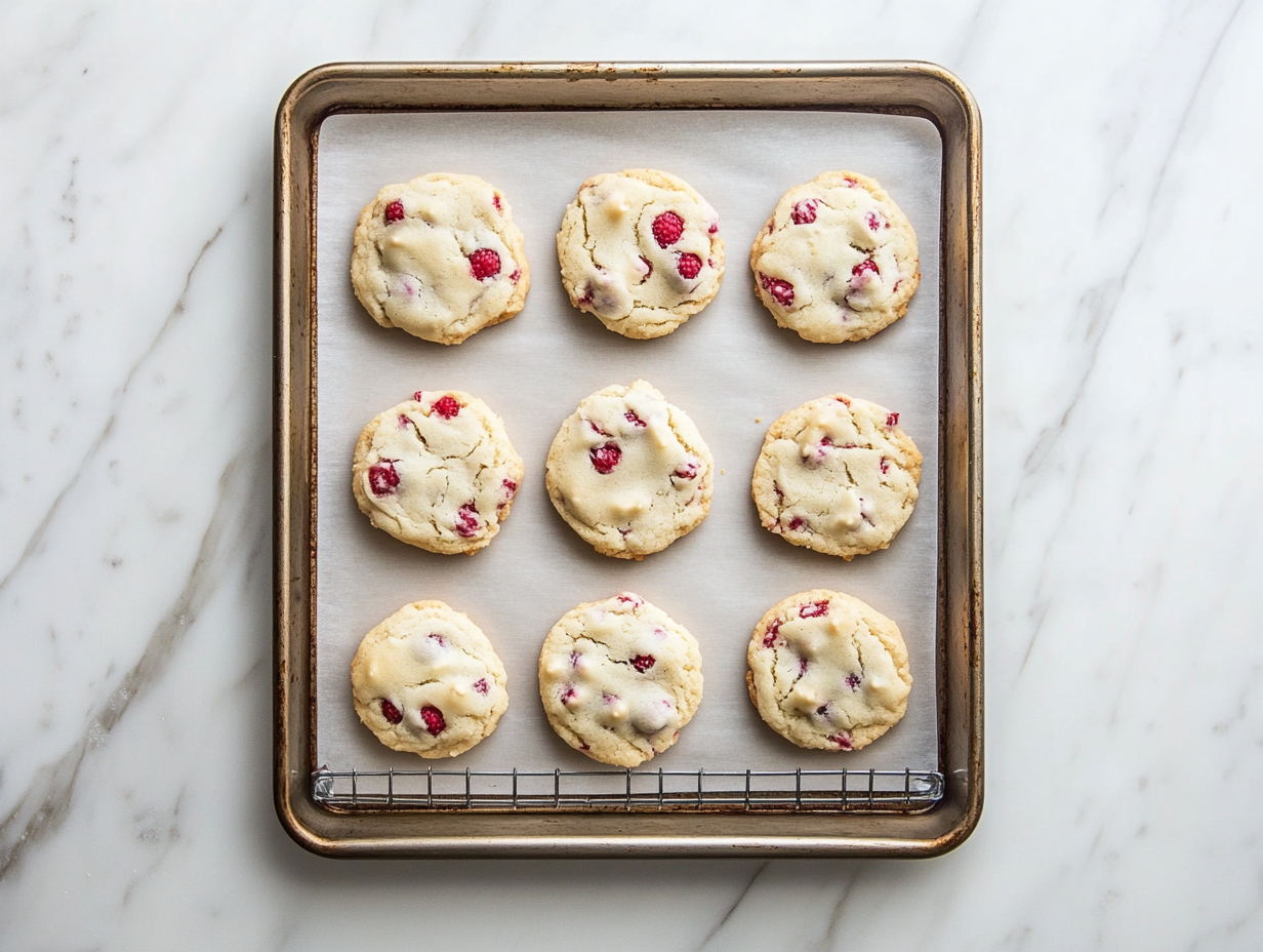 Freshly baked cookies cooling on the baking sheet for 10 minutes before being transferred to a wire rack.